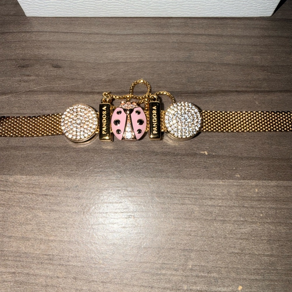 Pandora Gold Bracelet with Pink Ladybug and Sparkling Charms